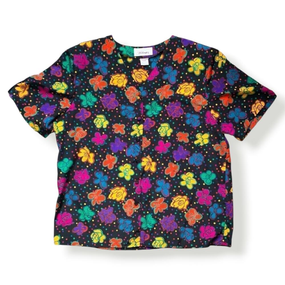 Vintage Rainbow Floral Polka Dot Button Front Top Petite Artsy Colorful Eclectic